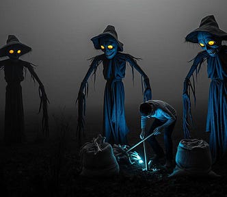 Seen in the fading light of dusk, three oversized scarecrows, seen more as an amorphous blur with unnaturally long arms and legs, hollowed eyes of yellow straw, and pallid, grimacing expressions, skulk in an eerie mist on a farmer’s field, where a man is digging a shallow grave. Three burlap sacks with bones sticking out lie close by.