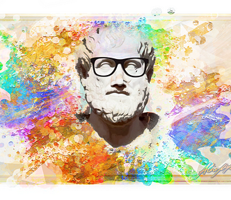 Ilustração colorida feita a partir da estátua do Filósofo grego Aristóteles com um óculos moderno