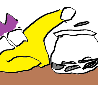 slightly sloppy ms paint drawing of kirby (purple hair, entire face is just glasses, yellow sweater) putting a quarter into a big jar)