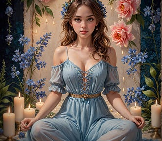 Image of an young woman meditating in a lovely nook surrounded by pink and blue flowers. Lit candles provide a glowing ambiance.