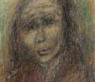 Drawing of a woman with long, dark hair. She is drawn in reds, browns, and blacks, while the background of the drawing is blue, green, and orange. The drawing is sketchy and the woman’s figure and facial expression are difficult to make out.