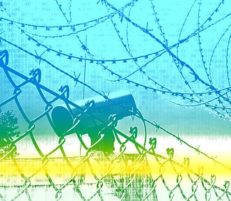 A CCTV camera positioned behind a barbed wire fence overlayed with a blue, yellow, and white filter