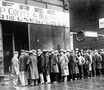 Crowd gathering outside a soup kitchen for free coffee and food during great depression