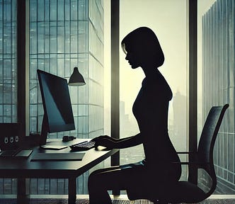 Image shows the silhouette of a woman working at her computer in an office.