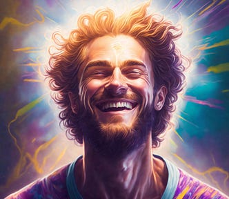 Face shot of a handsome young bearded man radiating multi-color energy and glow from his forehead