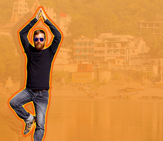 Man doing a tree pose in front of an orange background