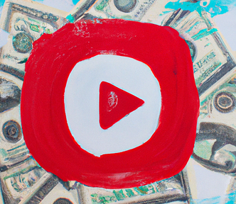 Digital art of the YouTube play button over American cash on a light blue background.