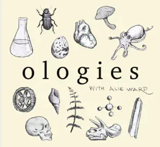 The words “ologies with Alie Ward” surrounded by line drawings of scientific specimens