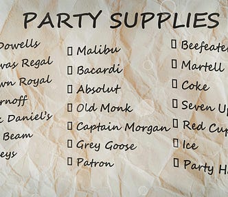Crumpled off-white rectangular paper with a large black title print across the top, “Party Supplies”. Below the title are three columns with check boxes, listing 16 well known top brands of alcohol, two sodas, coke and seven up, red cups, ice and party hats.