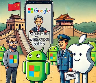 A cartoon illustrating the confusion and complexity of Microsoft asking employees in parts of China to switch to Apple iPhones. The scene shows a Microsoft employee holding an Android phone with a confused expression, while a Microsoft representative hands them an Apple iPhone. In the background, there are two large figures representing Google and Apple. The Google figure has its arms crossed and is shaking its head, while the Apple figure is smiling and holding a ‘compliance’ sign.