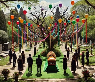 Cemetery scene: Mourners beside a coffin with balloons and streamers floating overhead