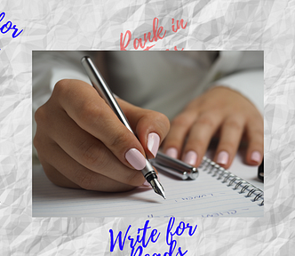 A lady with violet painted nails writes in a book with a white background displaying, write for views, write for reads, write in tags, on medium.