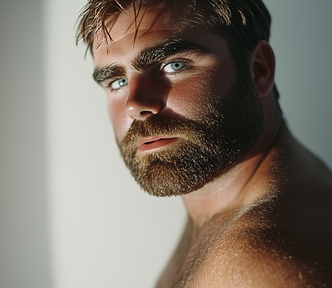 A shirtless man with short hair, beard, and blue eyes captured in natural light against a plain white wall background.