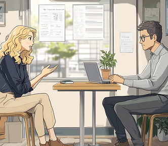 Two people seated across from each other at a small square table in a corporate office setting with a window looking out on trees and buildings in the background. One is a woman explaining and gesturing while the man sits with a laptop listening with a slightly discomforted expression.