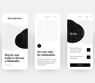 3 App design layouts with white backgrounds and black text, buttons and abstract bubbles.