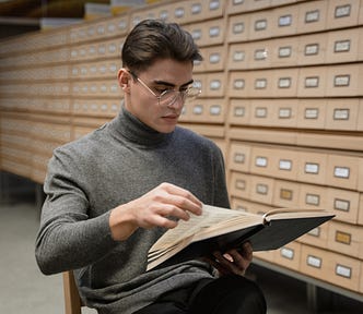 Intellectual looking man reading a book