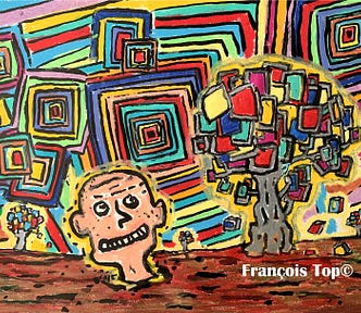 shows art work with a tree made of digital displays and a lonely head wandering the earth