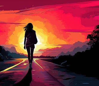 Pop art illustration, silhouette of a woman walking along a road at sunset