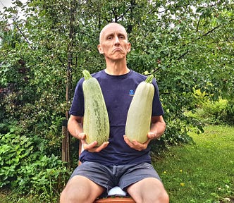 The author, József Manhertz, sits on a chair in his garden in summer in green shorts and a dark blue T-shirt. Lush green bushes and trees surround it. He is holding two huge zucchini in both hands. Meanwhile, he looks at the camera with his head held high, with a funny forced proud expression.