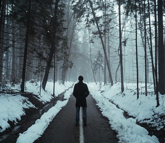 Man walking down snowy, dimly lit path