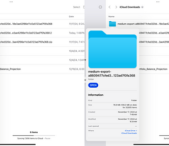 A side-by-side screenshot showing the iCloud Downloads folder on an iPad. Details on two Medium content downloads, one from 11–17–24 and the other from 01–12–25. The files are identical.