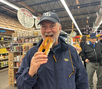 The author enjoying a soft pretzel.