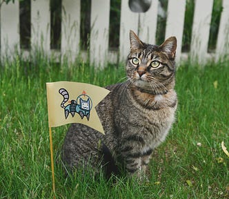 A tabby cat sitting on a lawn, next to a small flag depicting a cartoon cat wearing a space suit.