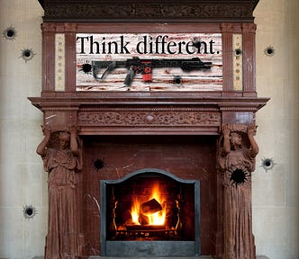 An ornate fireplace and mantlepiece. There is a roaring fire in the grate. Over the mantlepiece is an AR-15 assault rifle, surmounted by Apple’s ‘Think Different’ wordmark. The scene is pockmarked with bullet-holes. Image: Mitch Barrie (modified) https://commons.wikimedia.org/wiki/File:Daytona_Skeleton_AR-15_completed_rifle_%2817551907724%29.jpg CC BY-SA 2.0 https://creativecommons.org/licenses/by-sa/2.0/deed.en — kambanji (modified) https://www.flickr.com/photos/kambanji/4135216486/ CC BY