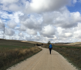 a Camino walker — me — walking Camino under a very big sky in Spain