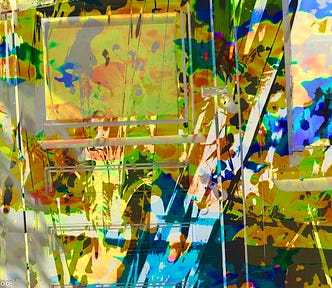 layered photo: geometric and painters palette-like abstraction seen through transparent door.