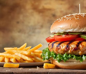 A delicious Hamburger stacked with lettuce, tomatoes and pickles next to a plate of crunchy salted french fries. Yumm.