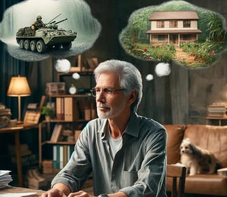 An AI generated image of an older man at a keyboard. A dog is on the coach and the man sees memories of war and home.