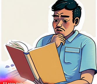 Adobe Firefly image of confused person reading a book