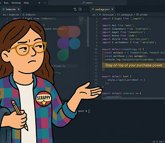 Illustration of a content designer’s avatar standing in a dark code editor environment, looking around confused with one hand out in a ‘where is everything?’ gesture. They’re surrounded by TypeScript code and developer tools, searching for their design workspace that’s no longer there.