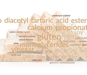 A word cloud illustrating the many additives in bread