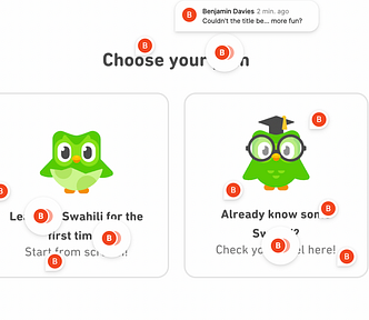 A screenshot of an interface from Duolingo in Figma covered in unhelpful comments.