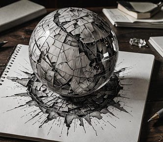 Image shows a shattered glass globe on a notebook with the shattered patterned drawn as a stain on the white paper.