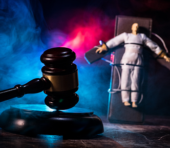 Prisoner about to be given a lethal injection, in the manner of John Grant’s Oklahoma execution. Judge’s gavel in background.