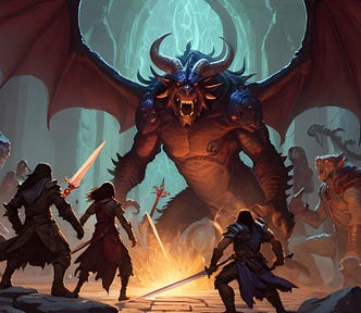 Adventurers surround dragon in a cave, dramatic fantasy art