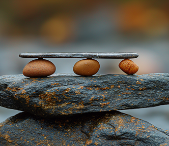 An AI-generated image depicting the tricky balancing act between different aspects of life: care for self, couplehood, family, friends, work, and community. Each element is represented as a weight on a seesaw, highlighting the delicate equilibrium required to manage these priorities.