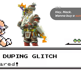 Mash up of a first generation Pokemon battle, and Link holding lots of diamonds from Zelda: Tears of the Kingdom. Caption: Wild DUPING GLITCH appeared!
