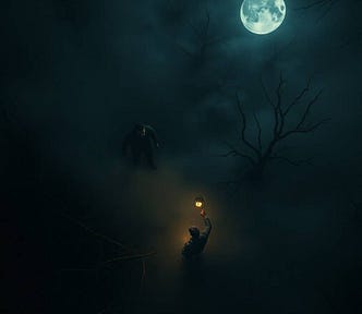 The theme is gothic horror. A man stalks a dwarfish figure carrying a lantern on a crooked stick through a misty bog under the full moon’s light.