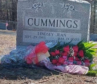 Picture of Lindsey’s gravestone with the 36 roses I laid on the first deathiversary, one for each too short year of this lifetime