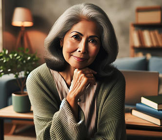 A senior South Asian woman, engaging the camera with a warm, empathetic gaze, in a comfortable home setting. She is surrounded by books and a laptop, indicative of lifelong learning and wisdom. A plant in the background adds a touch of growth and nurturing, symbolizing personal development and emotional intelligence. The image conveys a narrative of experience, understanding, and the capacity to mentor others.
