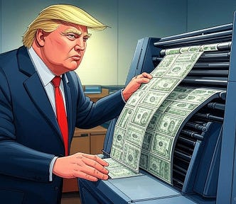 IMAGE: A comic-style illustration with Donald Trump printing dollar bills