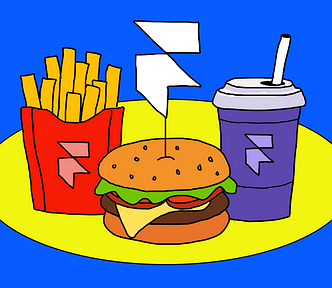 Hamburger, drink and fries with Framer logo