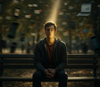 A young man sits calmly on a park bench while digital chaos swirls around him, illuminated by a single beam of sunlight.