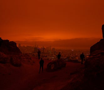 Surreal scene after a wilfdire with a hazy, dark red sky and burned vegetation.