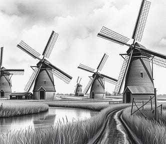 Image shows several windmills, a canal and grass — created on NightCafe with the prompt ‘Kinderdijk’.