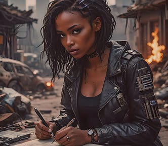 Pretty woman drawing in her scrapbook. She’s in an apocalyptic setting. Behind her, everything is in a state of ruin and collapse. A building is on fire close by. Rubble is everywhere. The husks of abandoned cars rust in the distance.